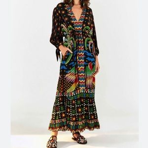 Farm Rio Black Macaw V Neck Maxi Dress